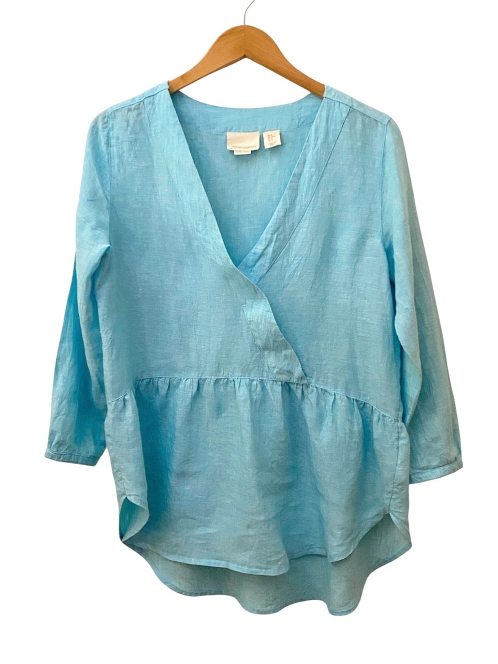 Cynthia Rowley 100% Linen Faux Wrap Peplum Lagenlook Pullover Aqua Top M